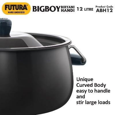 Picture of Hawkins Futura 12 Litre Bigboy Biryani Handi, Polished Hard Anodised Pot with Hard Anodised Lid, Sauce Pan for Cooking and Serving Biriyani